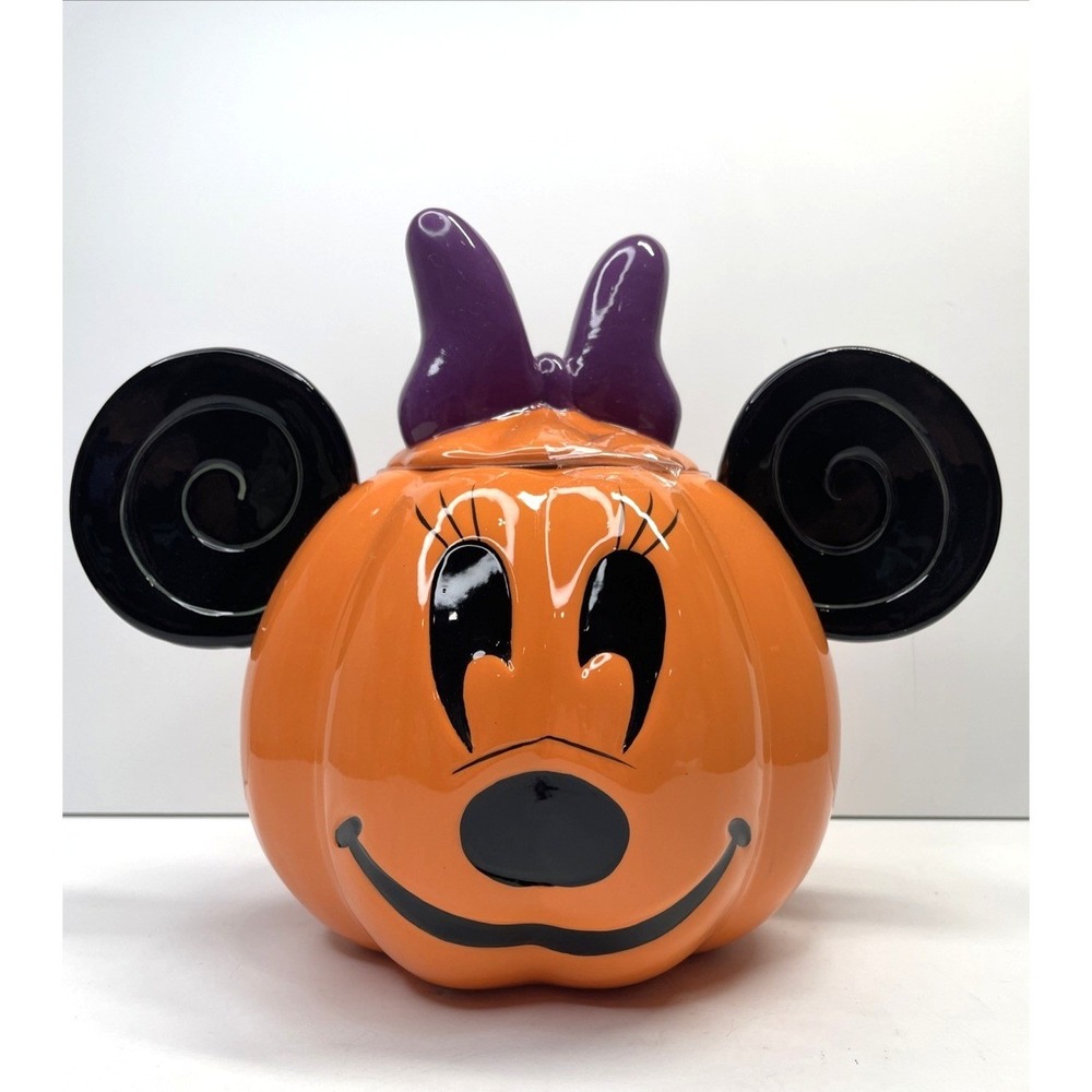 NEW Disney MINNIE Mouse Ceramic Pumpkin COOKIE JAR Orange Canister Halloween